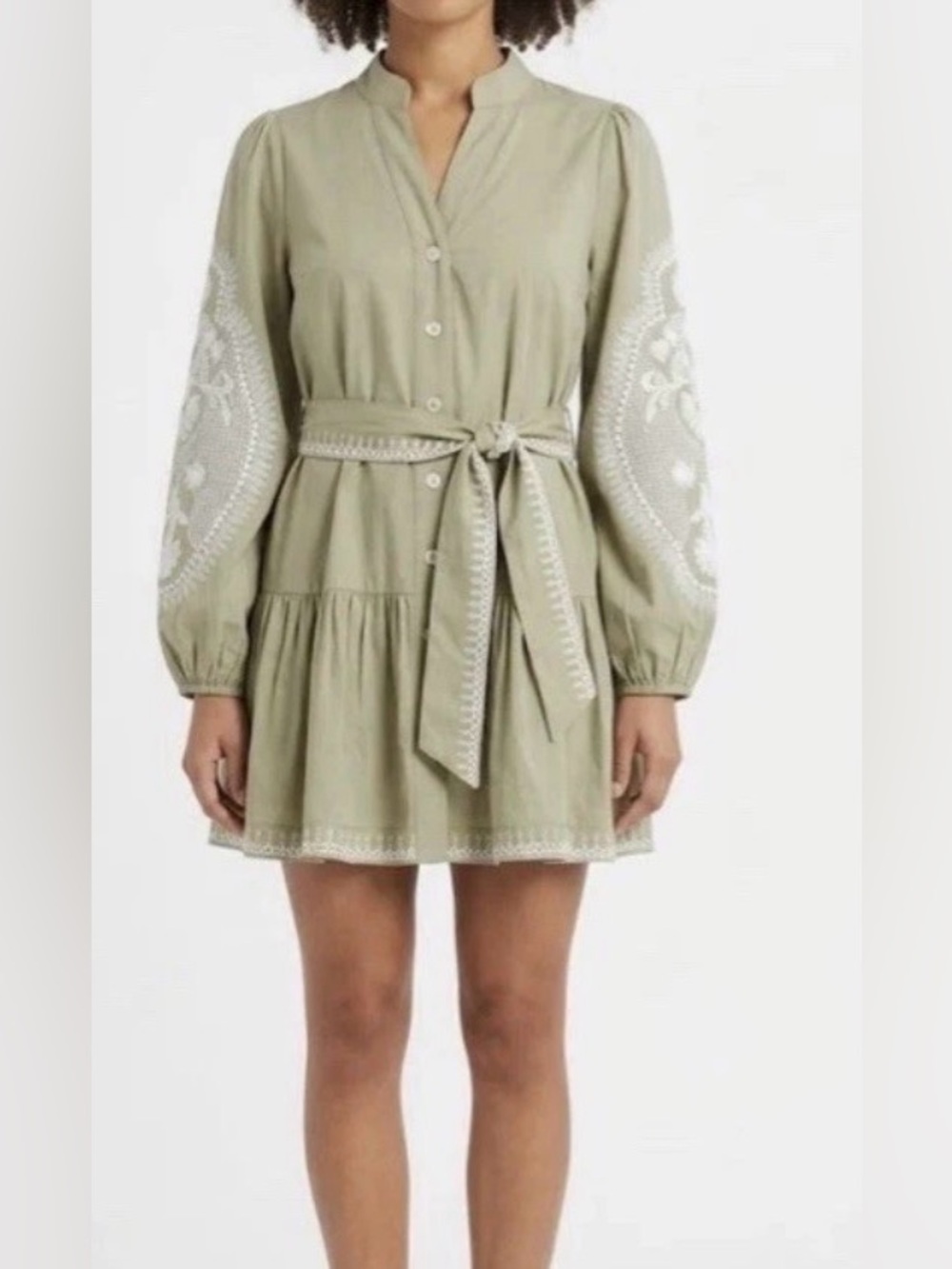 7 For All Mankind Sage Green Embroidered Belted Mini Dress - Size Large